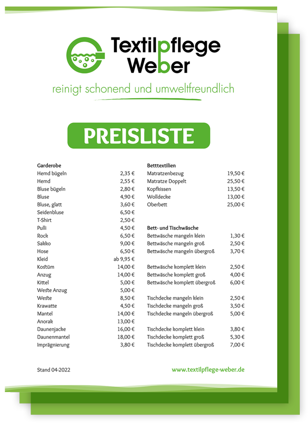 Textilpflege Weber Preisliste 2022